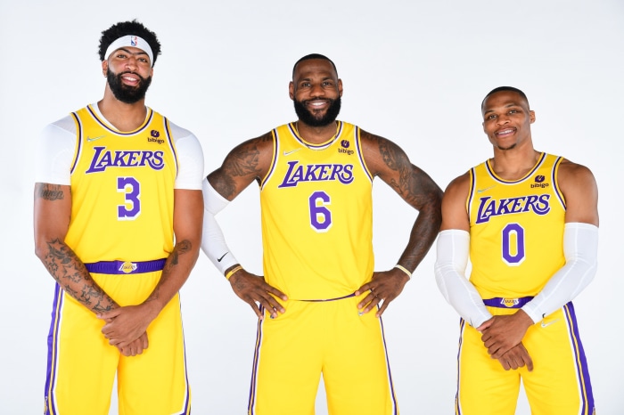 LeBron James, Anthony Davis, and Russell Westbrook of the Los Angeles Lakers