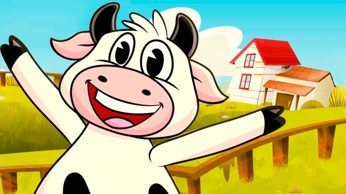 Cartoon cow on a farm with houses