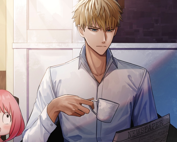 Loid Forger from Spy X Family holding a cup