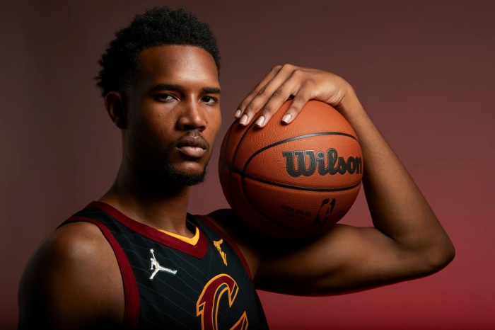 Evan Mobley from Cleveland Cavaliers with basketball