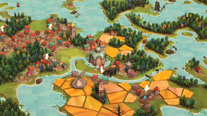 A stylized isometric town by a lake with boats and windmills