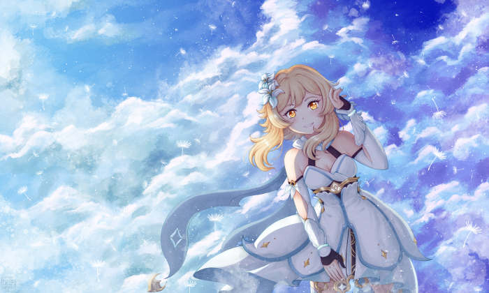 Lumine from Genshin Impact in the sky