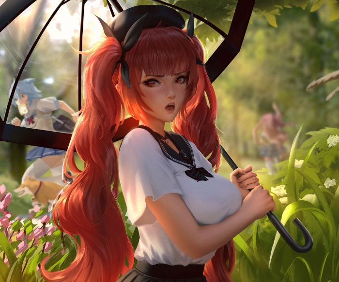 Honolulu from Azur Lane holding an umbrella
