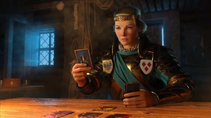 Woman playing Gwent card game