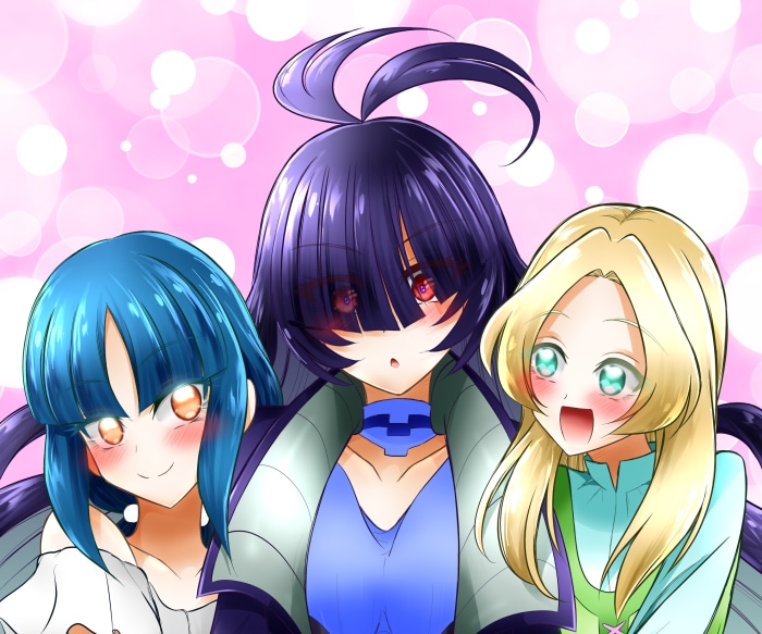 Three anime girls with colorful hair and eyes