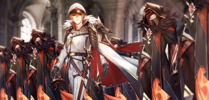 Tartaglia Childe from Genshin Impact with Fatui soldiers