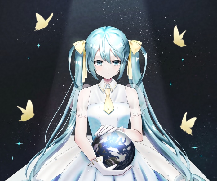 Hatsune Miku holding Earth with butterflies