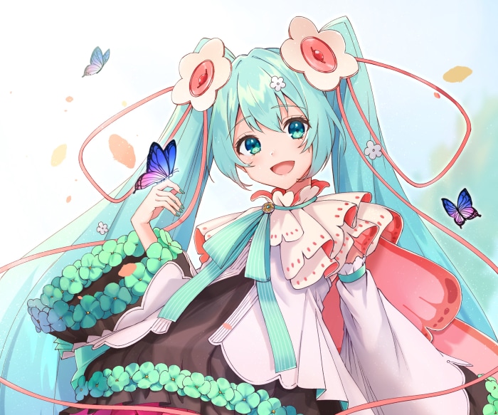 Hatsune Miku with butterflies and flowers