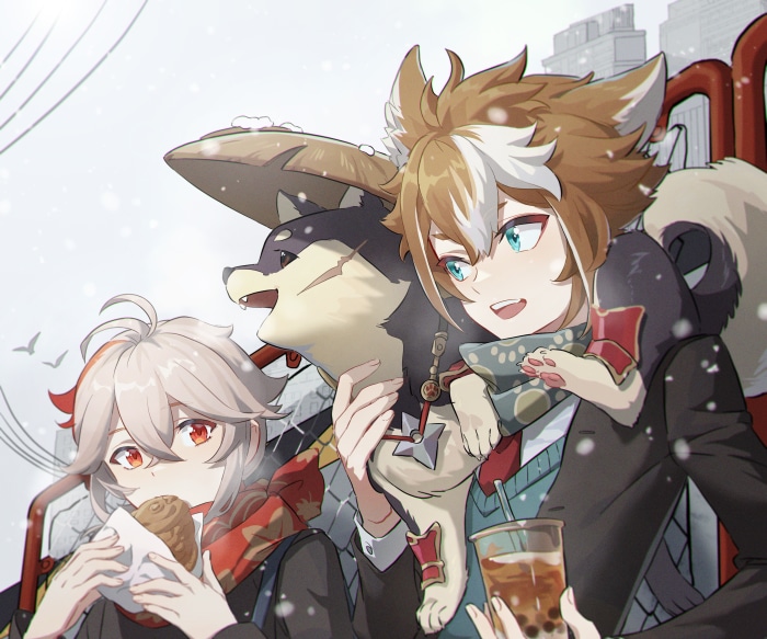 Gorou and Kaedehara Kazuha from Genshin Impact with a dog