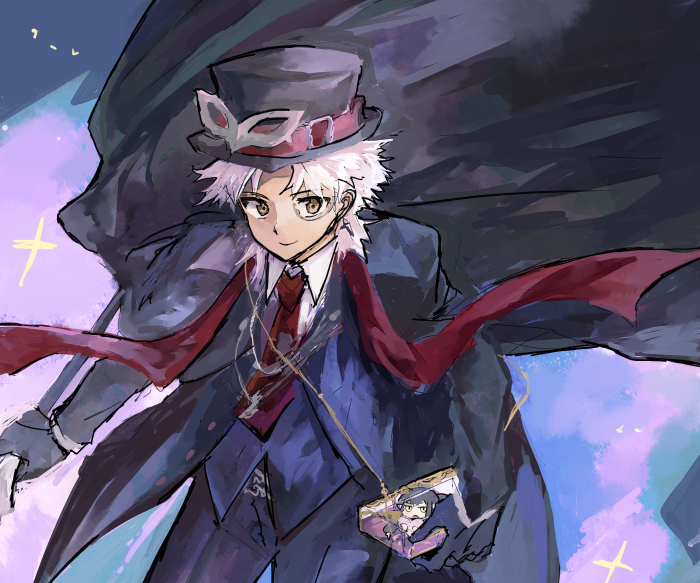 Shirou Kotomine in a suit with a mask and cape
