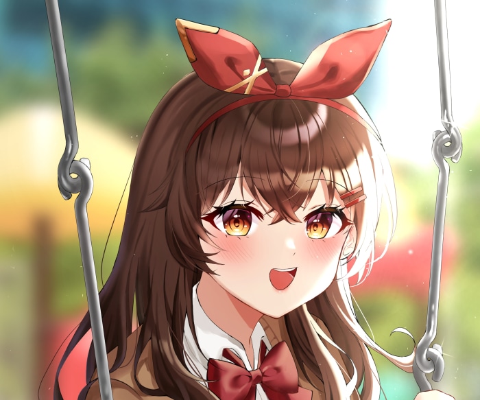 Amber from Genshin Impact on a swing