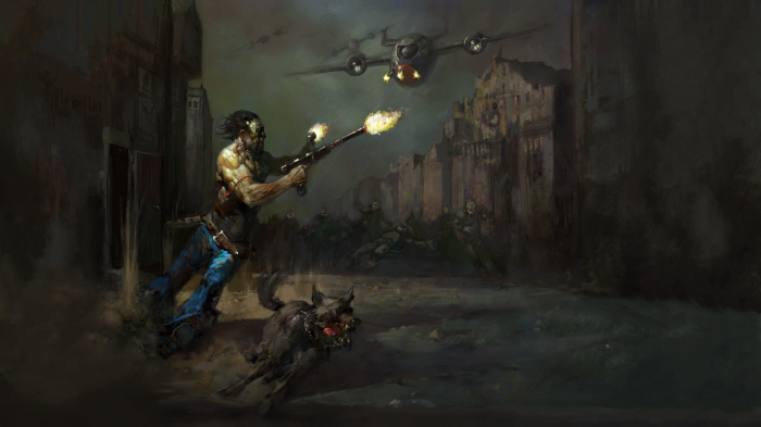 Man and dog fighting in a ruined city with a plane overhead
