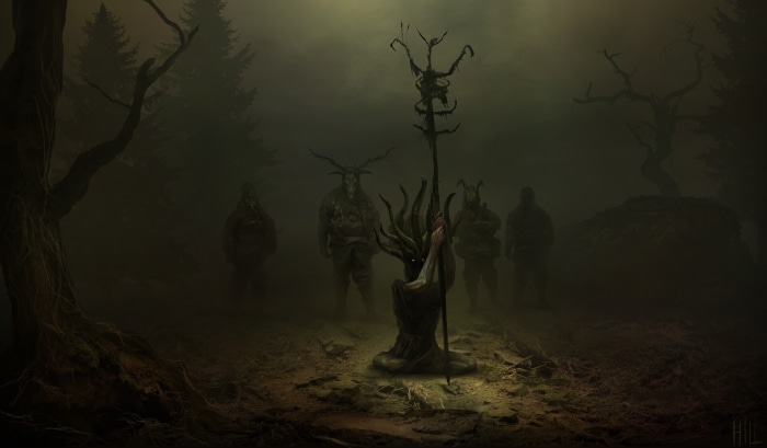 Figures in ritualistic attire in a foggy forest