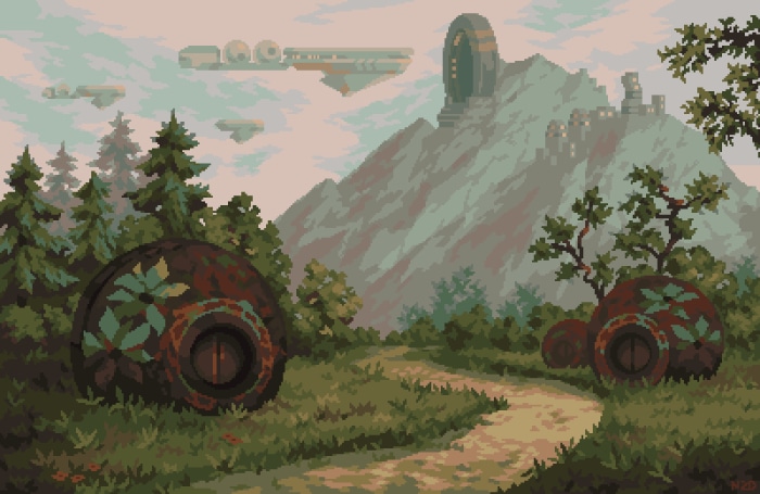 Pixel Art Landscape with Futuristic Structures