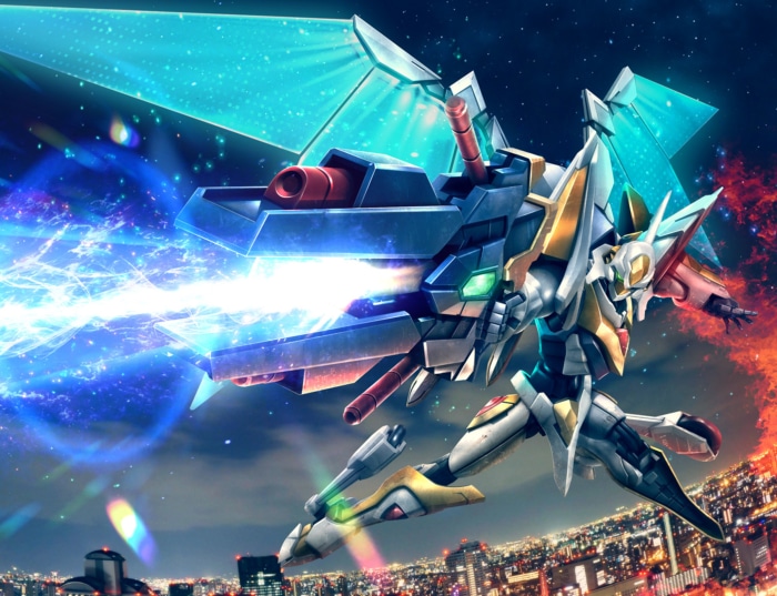 Lancelot Albion from Code Geass firing energy weapon