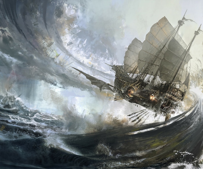 Fantasy ship in a stormy sea with other ships