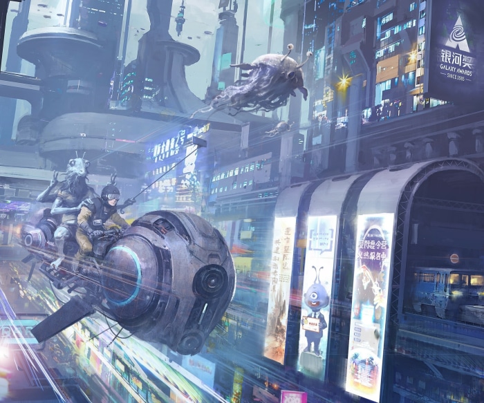 Futuristic city scene with aliens on a hovercraft