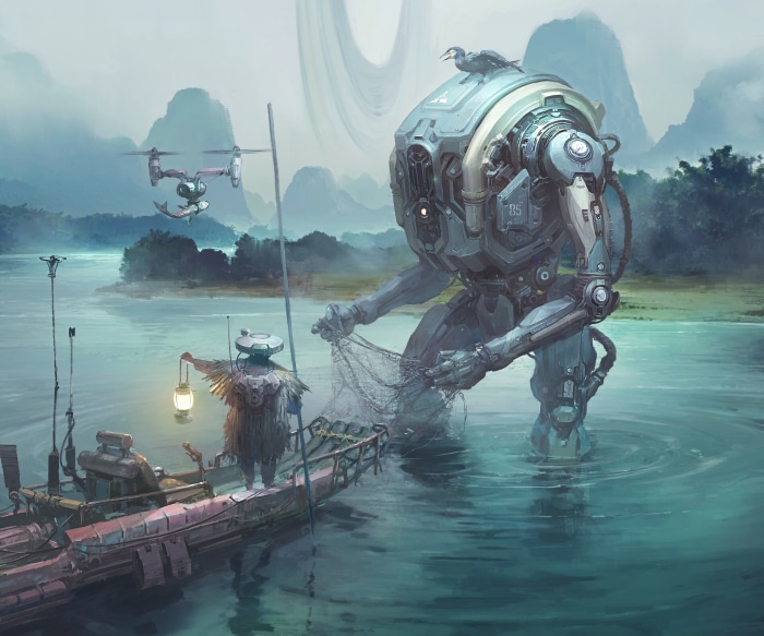 Sci-fi robots fishing with drone and boat