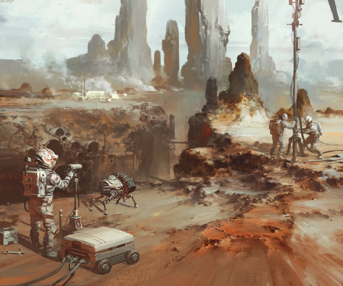 Astronauts exploring a rocky alien planet with strange rock formations