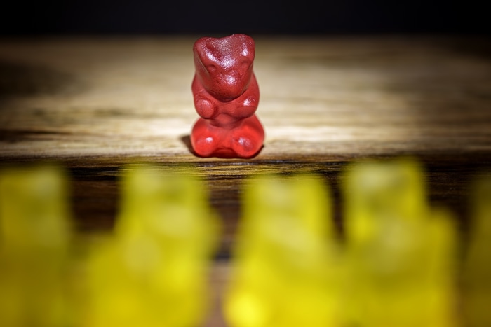 Red Gummy Bear in front of yellow gummy bears 4K
