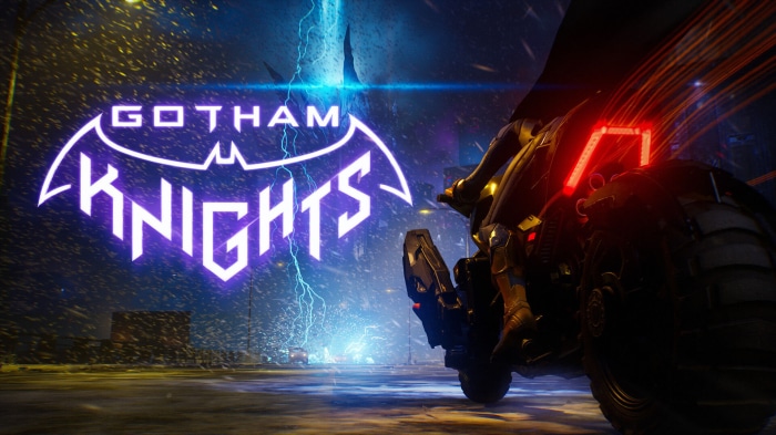 Gotham Knights logo with Batgirl on a motorcycle