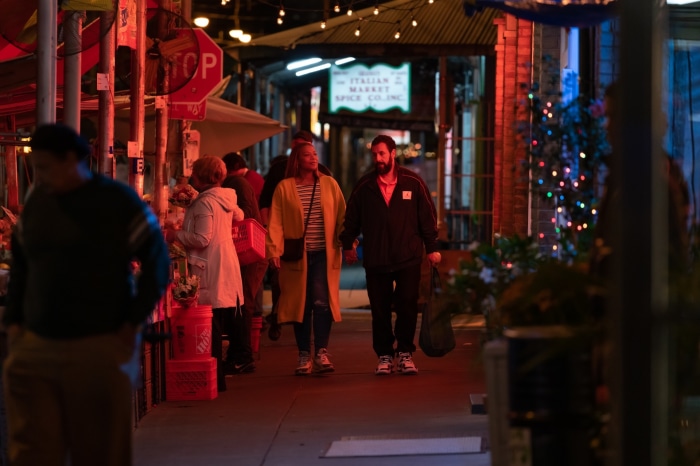 Adam Sandler and Queen Latifah walking at night