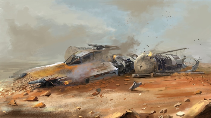 Wrecked Y-wing Starfighter in a Desert Landscape