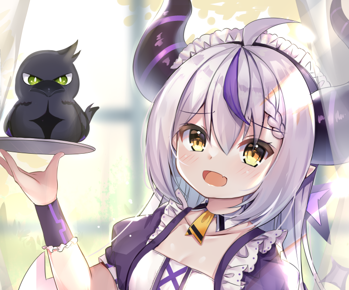 La+ Darknesss from Hololive with a bird on a tray