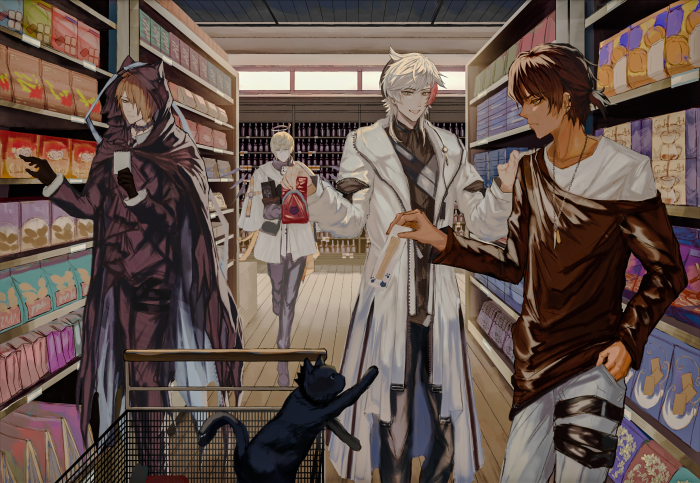 Phantom, Elysium, and Executor from Arknights in a supermarket