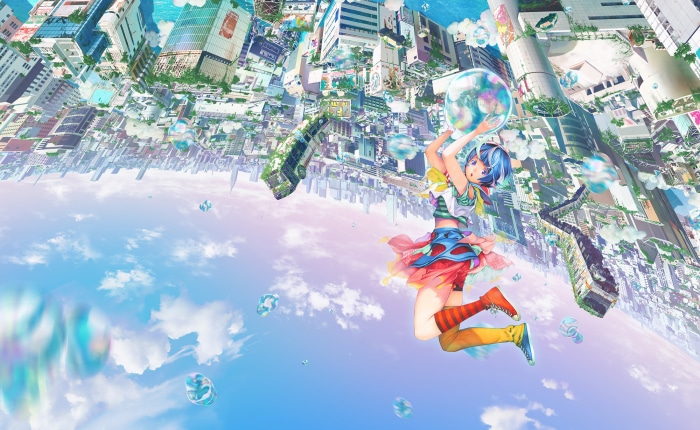 Uta blowing bubbles in a surreal city