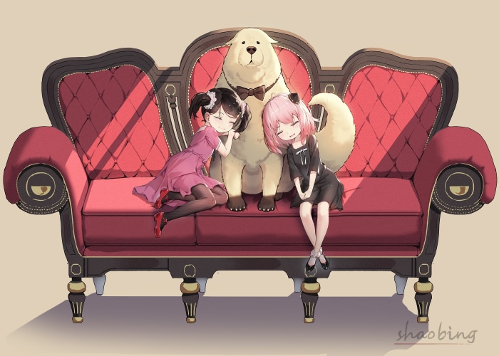 Anya Forger and Bond from Spy X Family sleeping on a couch