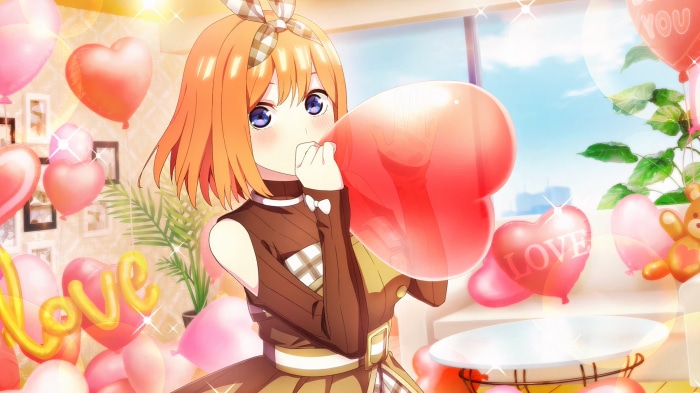 Yotsuba Nakano from The Quintessential Quintuplets inflating a balloon