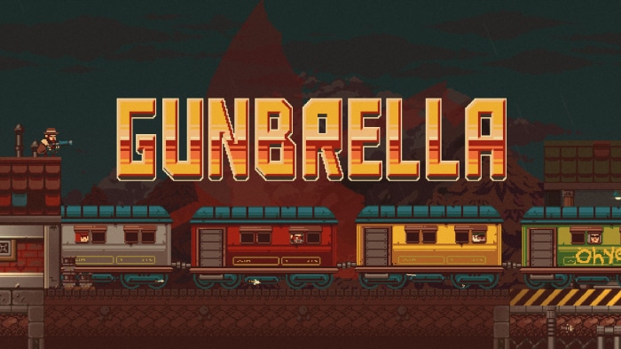 Gunbrella pixel art title screen with trains