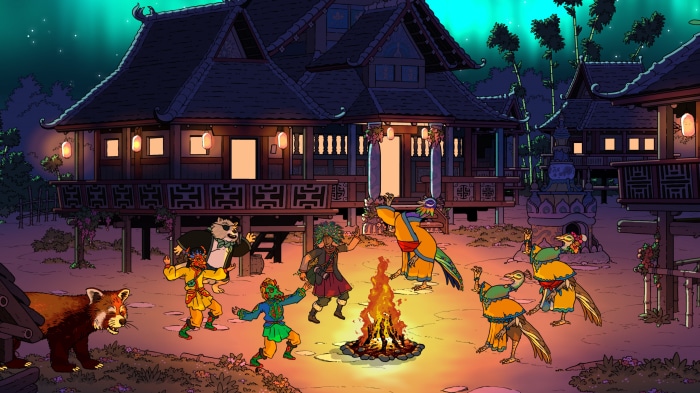 Curious Expedition 2 characters dancing around a campfire