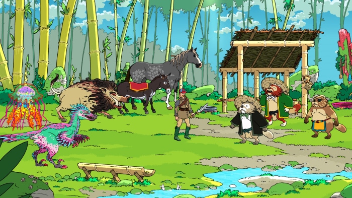 Curious Expedition 2 characters in a bamboo forest