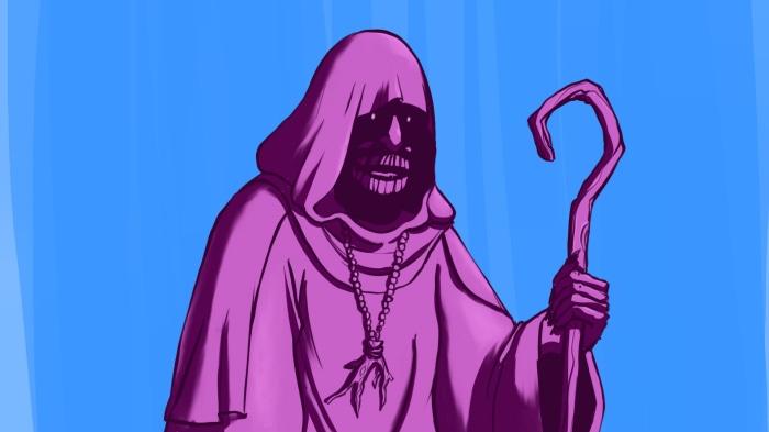 A purple-robed figure with a staff