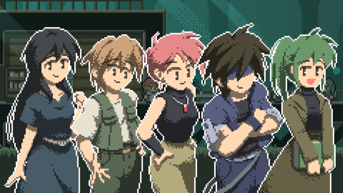 Five characters in a pixel art style