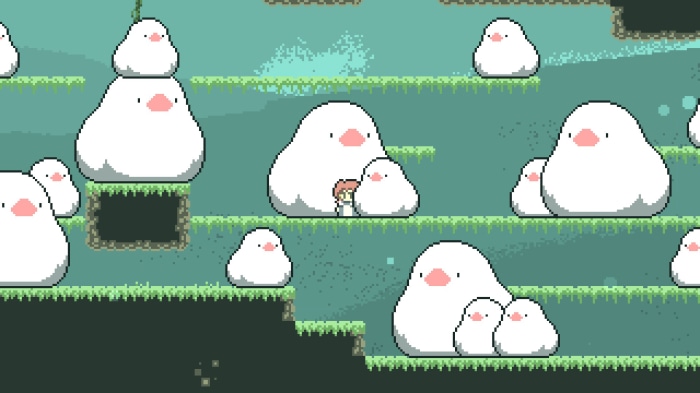 White creatures and a girl in a pixel art world