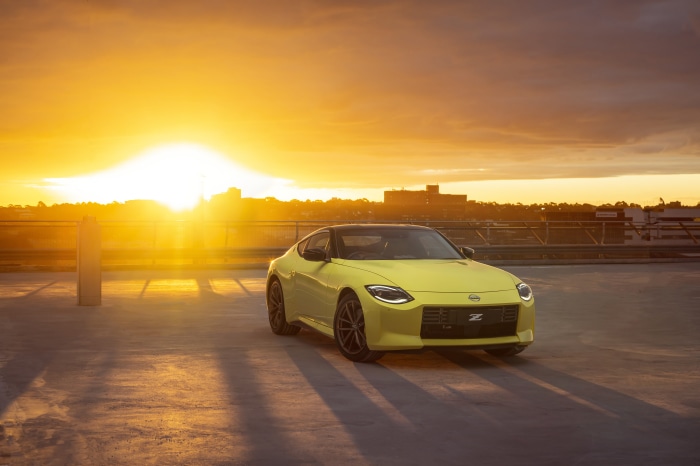 Yellow Nissan Z car at sunset
