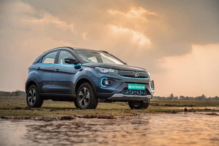 Tata Nexon electric car on grassy shore