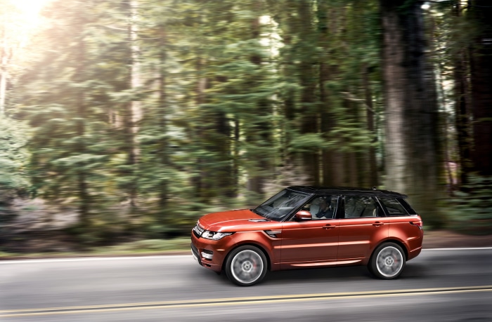 Orange Range Rover Sport driving on a forest road