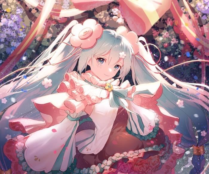 Hatsune Miku from Vocaloid in a floral dress