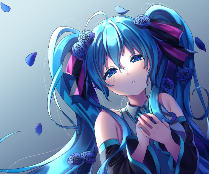 Hatsune Miku from Vocaloid with blue roses