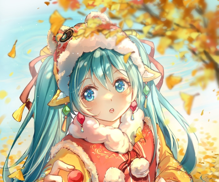 Hatsune Miku in a lion dance costume with falling leaves