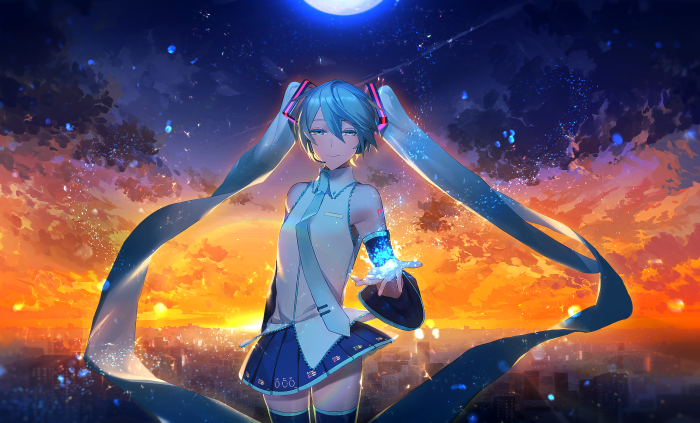 Hatsune Miku from Vocaloid under the moon