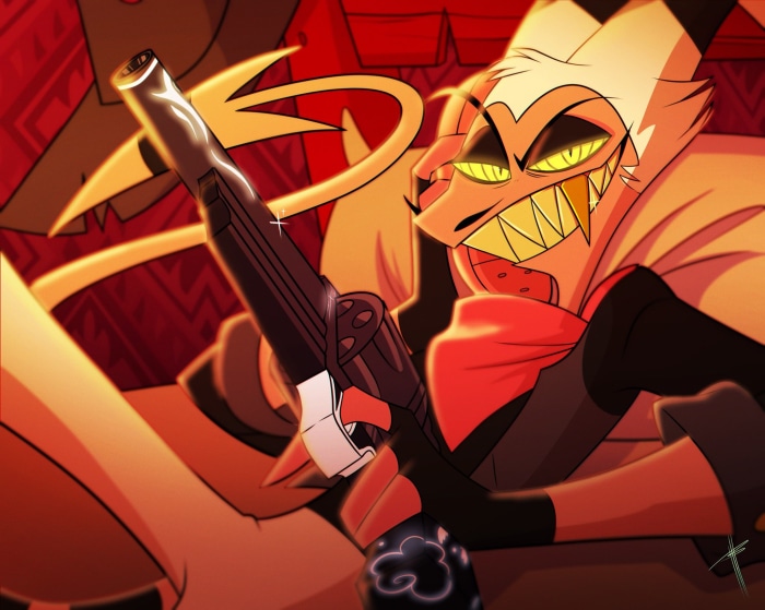 Striker from Helluva Boss holding a gun