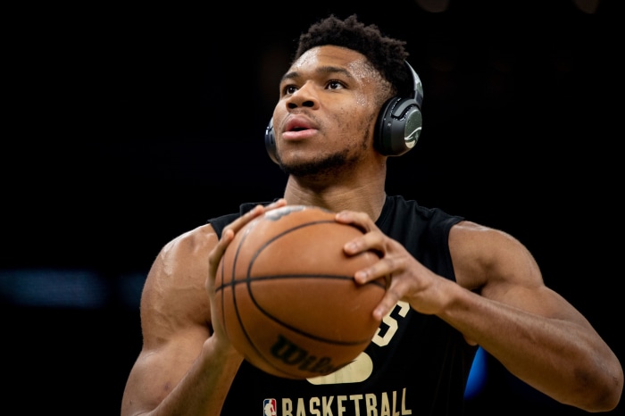 Giannis Antetokounmpo of Milwaukee Bucks with basketball