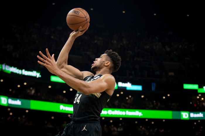 Giannis Antetokounmpo of the Milwaukee Bucks shooting a basketball