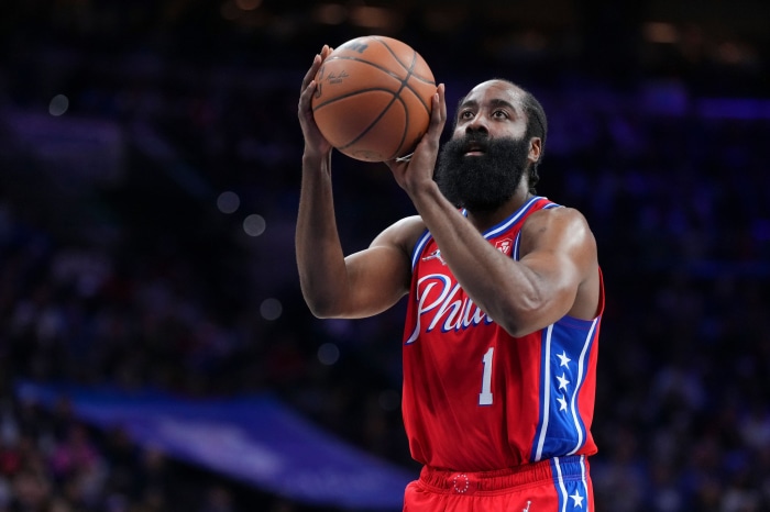 James Harden of Philadelphia 76ers shooting a basketball