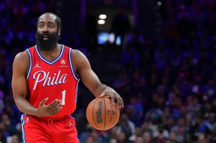 James Harden of Philadelphia 76ers with basketball